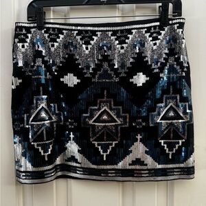 Express Black, Blue and Silver Sequin Graphic Mini Skirt